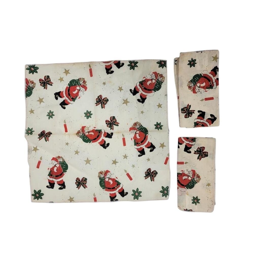 Set of 3 Vintage Santa Christmas holiday cloth napkins